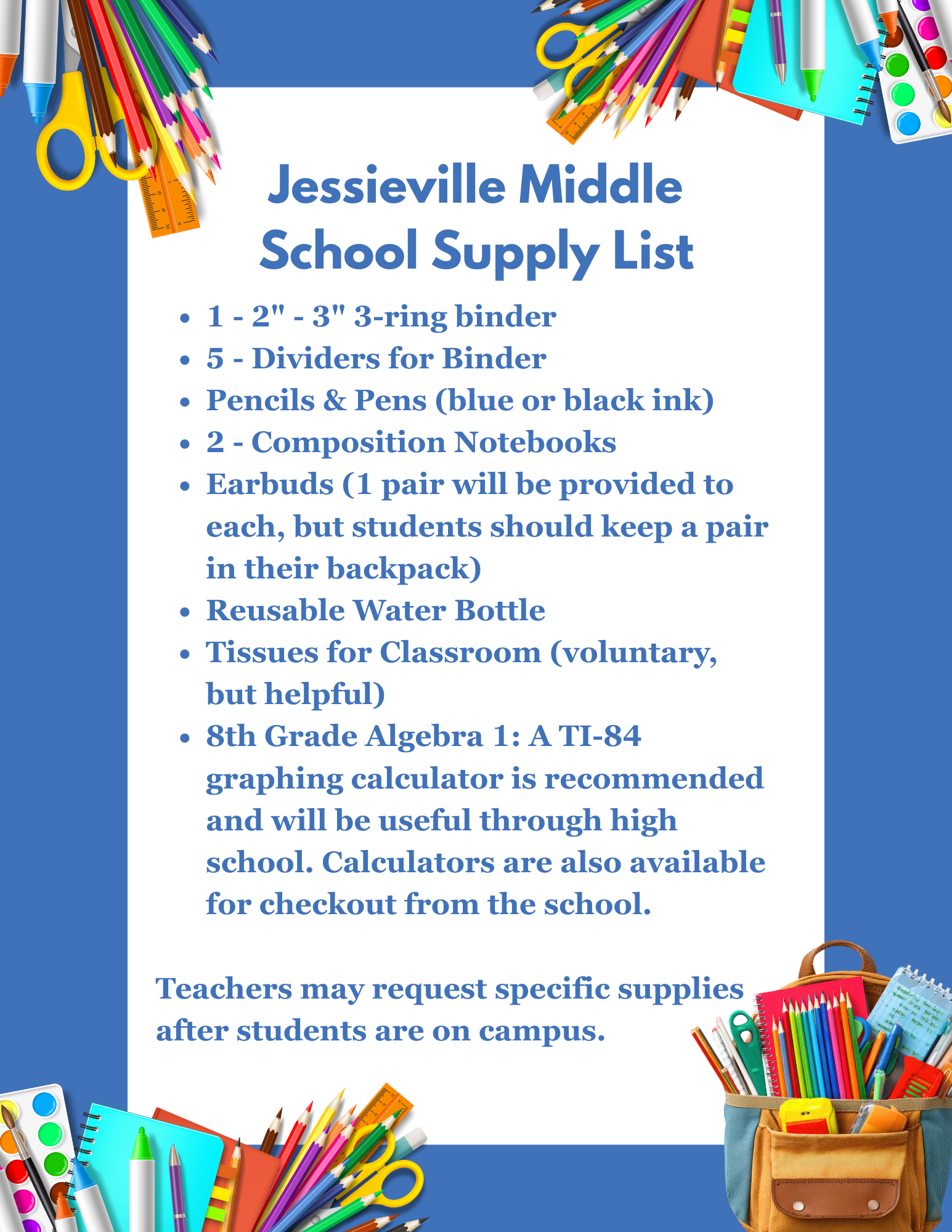Supply List Middle School 2026-2027
